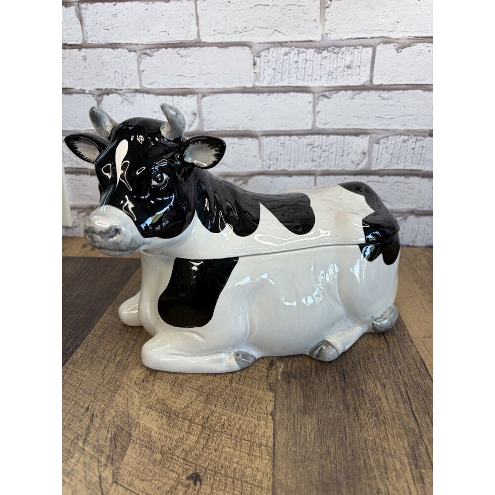 Vintage Otagiri Cow Black White Cookie Jar Mint Condition 10” X 8” X 6”